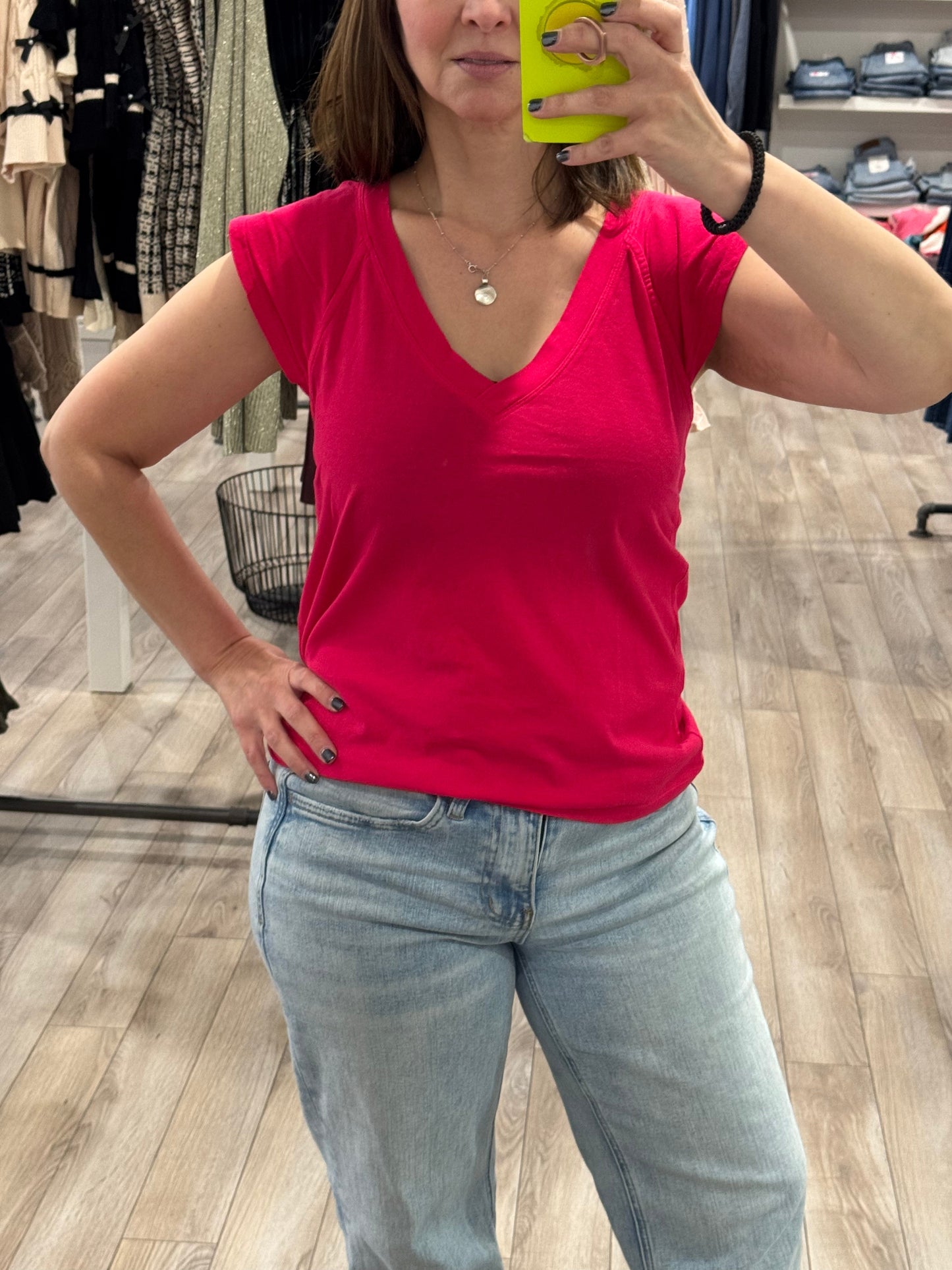 BOBI FLUTTER SLEEVE V NECK RAGLAN TEE RUBY PINK
