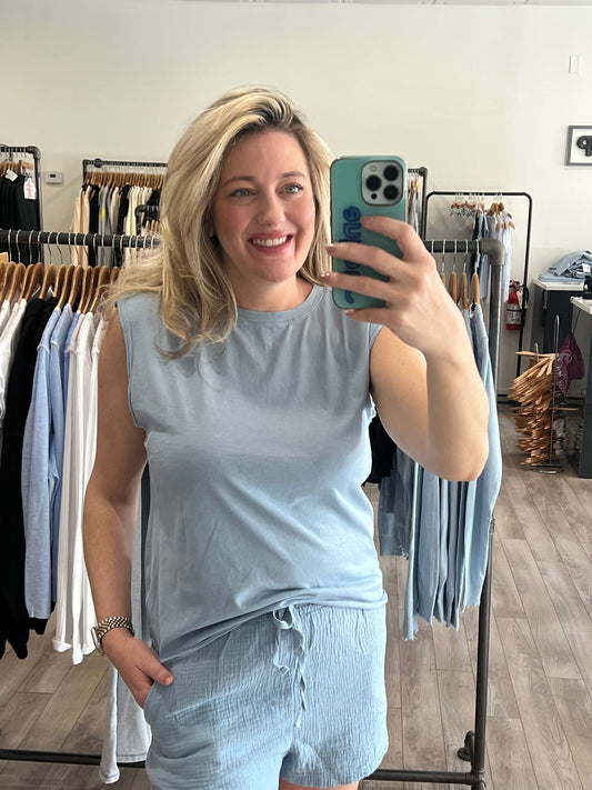 BOBI RAW EDGE CREW MUSCLE TANK WATER BLUE