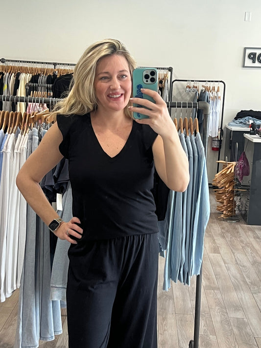 BOBI FLUTTER SLEEVE V NECK RAGLAN TEE BLACK