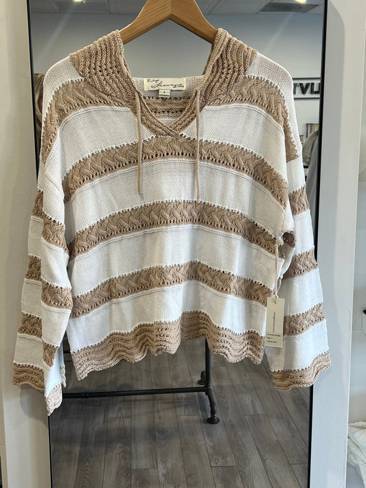 VINTAGE HAVANA IVORY & BEIGE STRIPED HOODED SWEATER