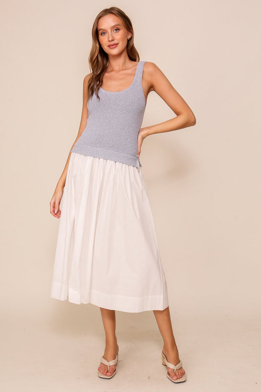 LIGHT.BLUE WHITE TWO TONE SLEEVELESS MIDI DRESS FINAL SALE