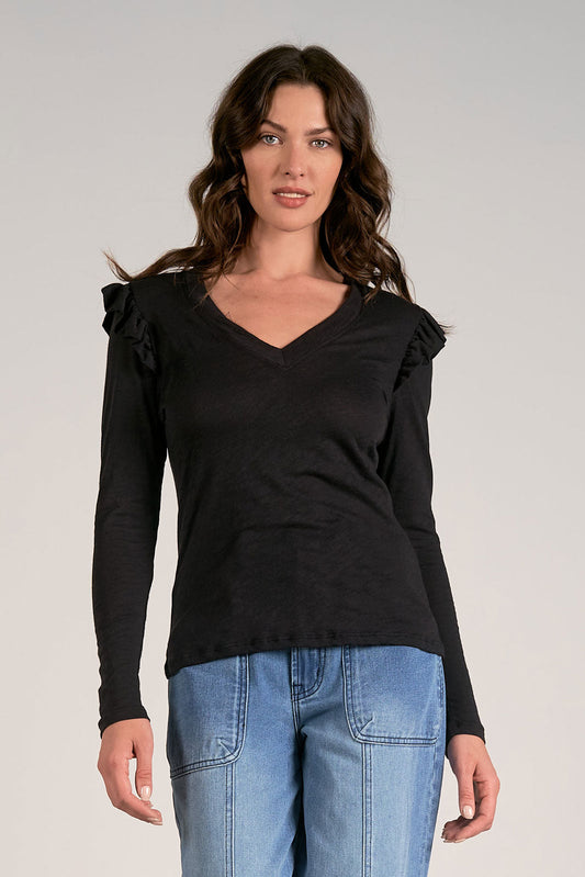 ELAN BLACK LONG SLEEVE RUFFLE V NECK