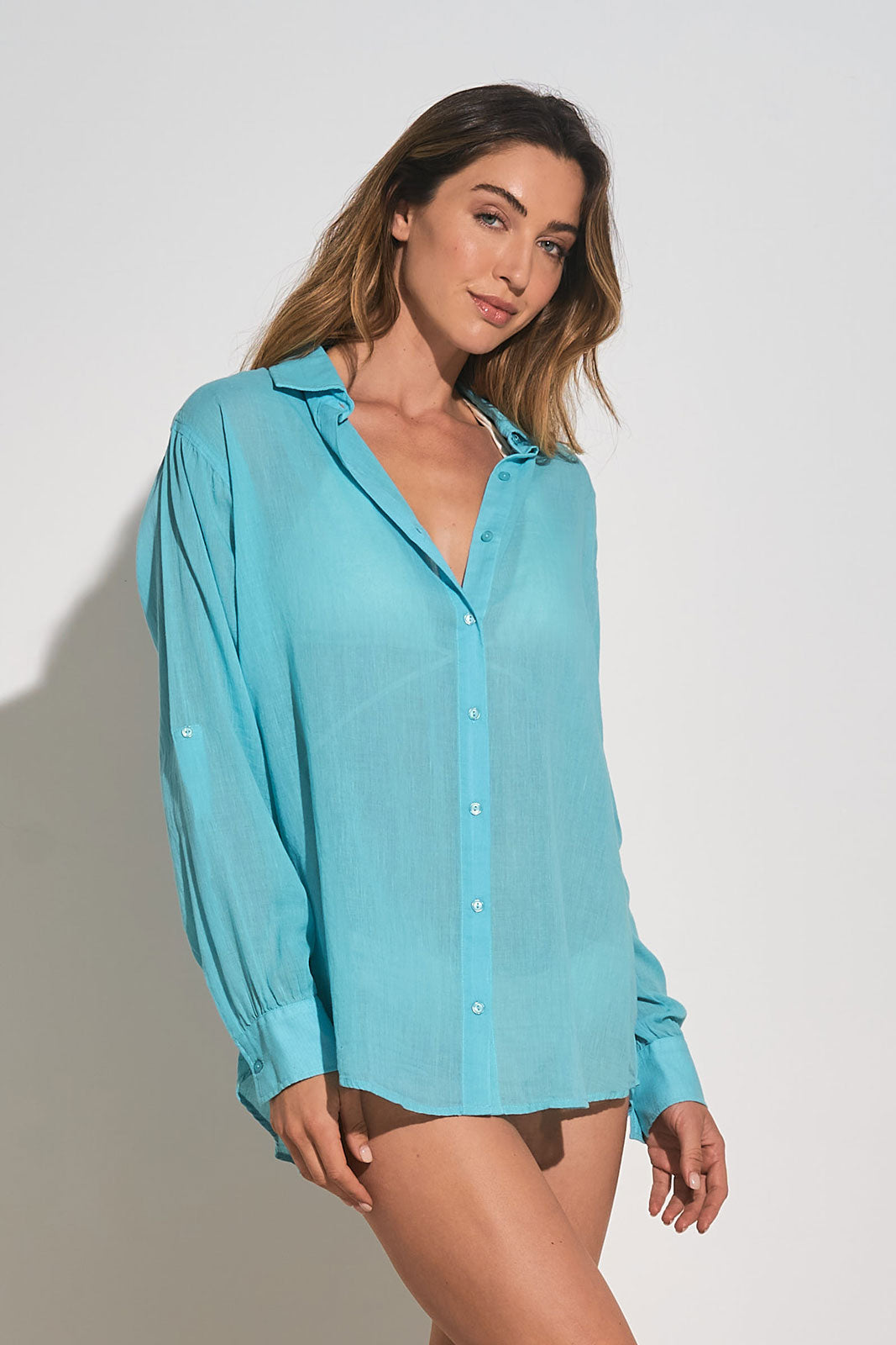 ELAN BUTTON DOWN COVER UP LOST IN PARADISE TURQUOISE FINAL SALE