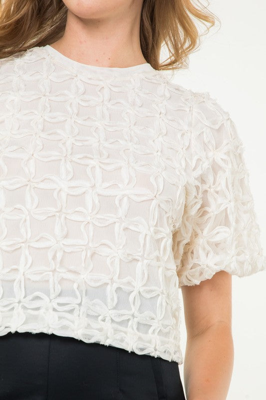 THML CREAM PUFF SLEEVE TEXTURED TOP TIE BACK