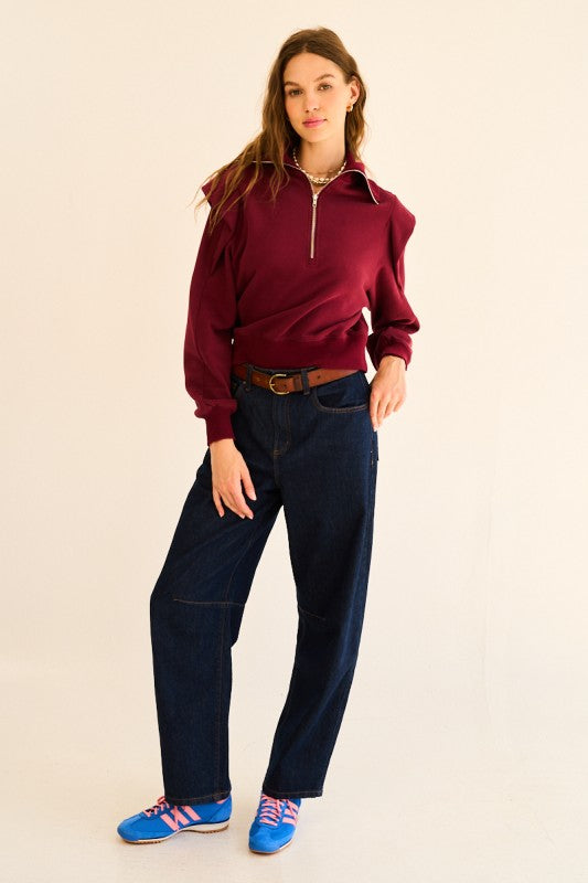 BURGUNDY HALF ZIP FRONT ZIP UP RUFFLED SWEATSHIRT