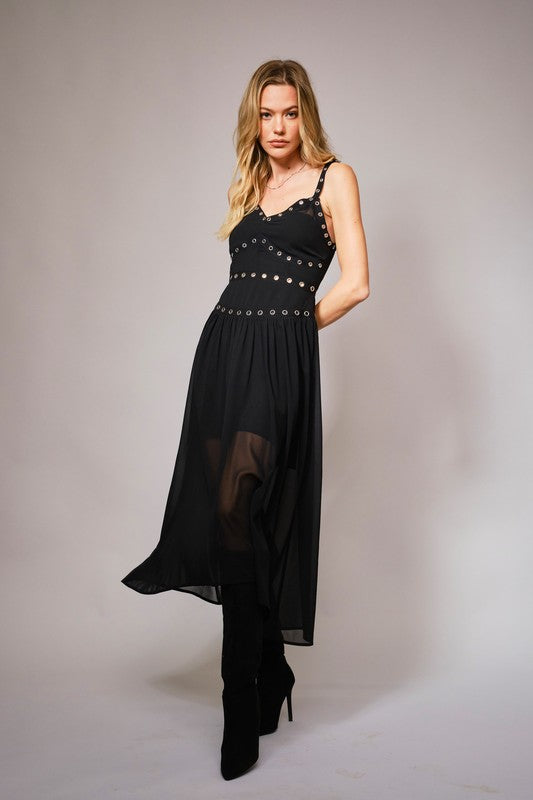 BLACK CHIFFON GROMMET TRIM DRESS