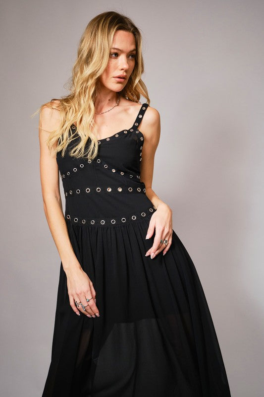 BLACK CHIFFON GROMMET TRIM DRESS