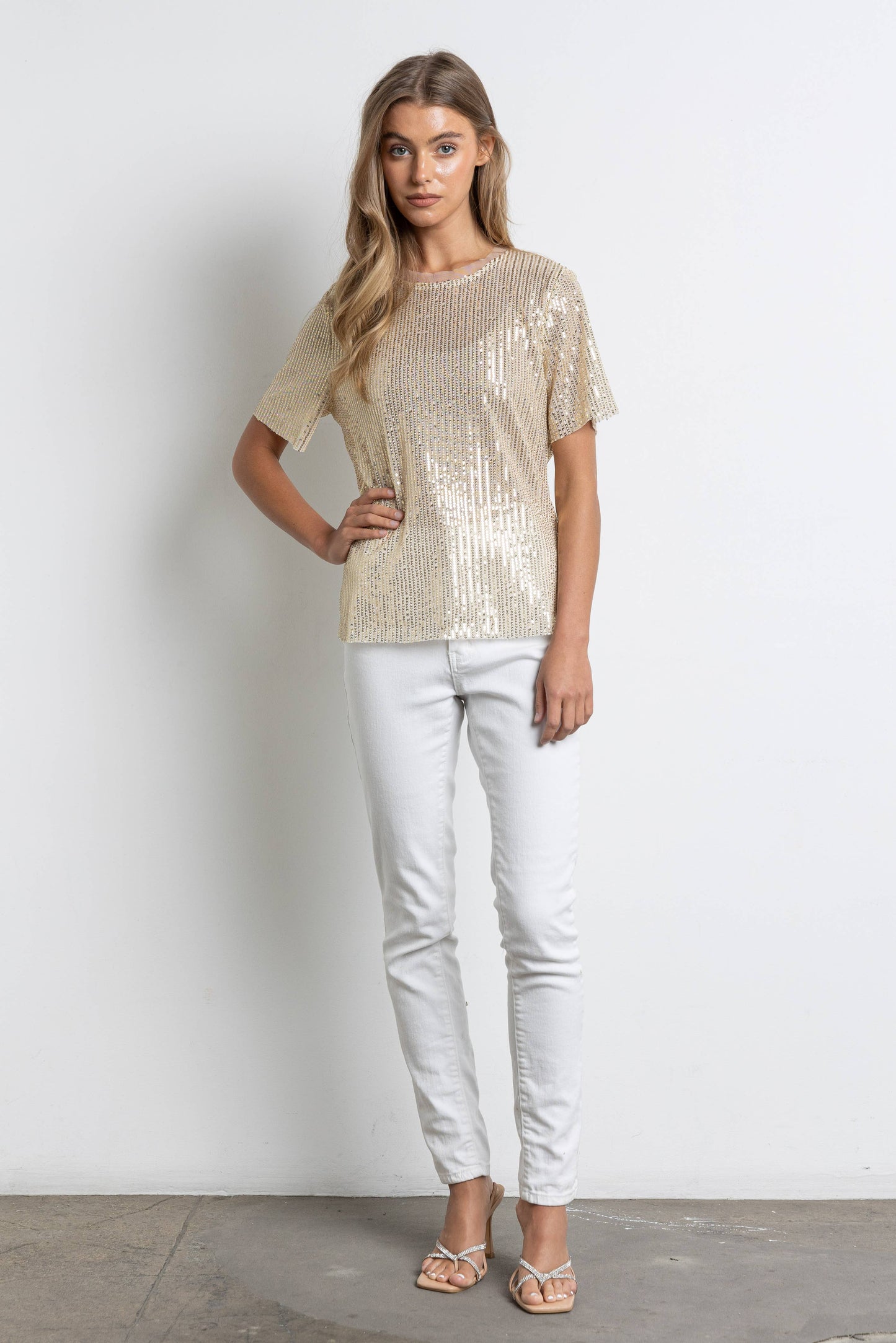 GOLD SEQUIN ROUND NECK TULLE TOP