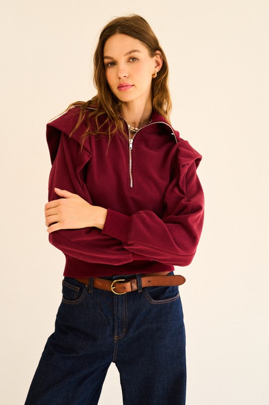 BURGUNDY HALF ZIP FRONT ZIP UP RUFFLED SWEATSHIRT
