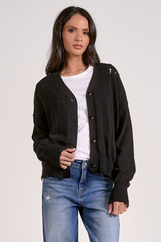 ELAN BLACK DISTRESSED SWEATER CARDIGAN
