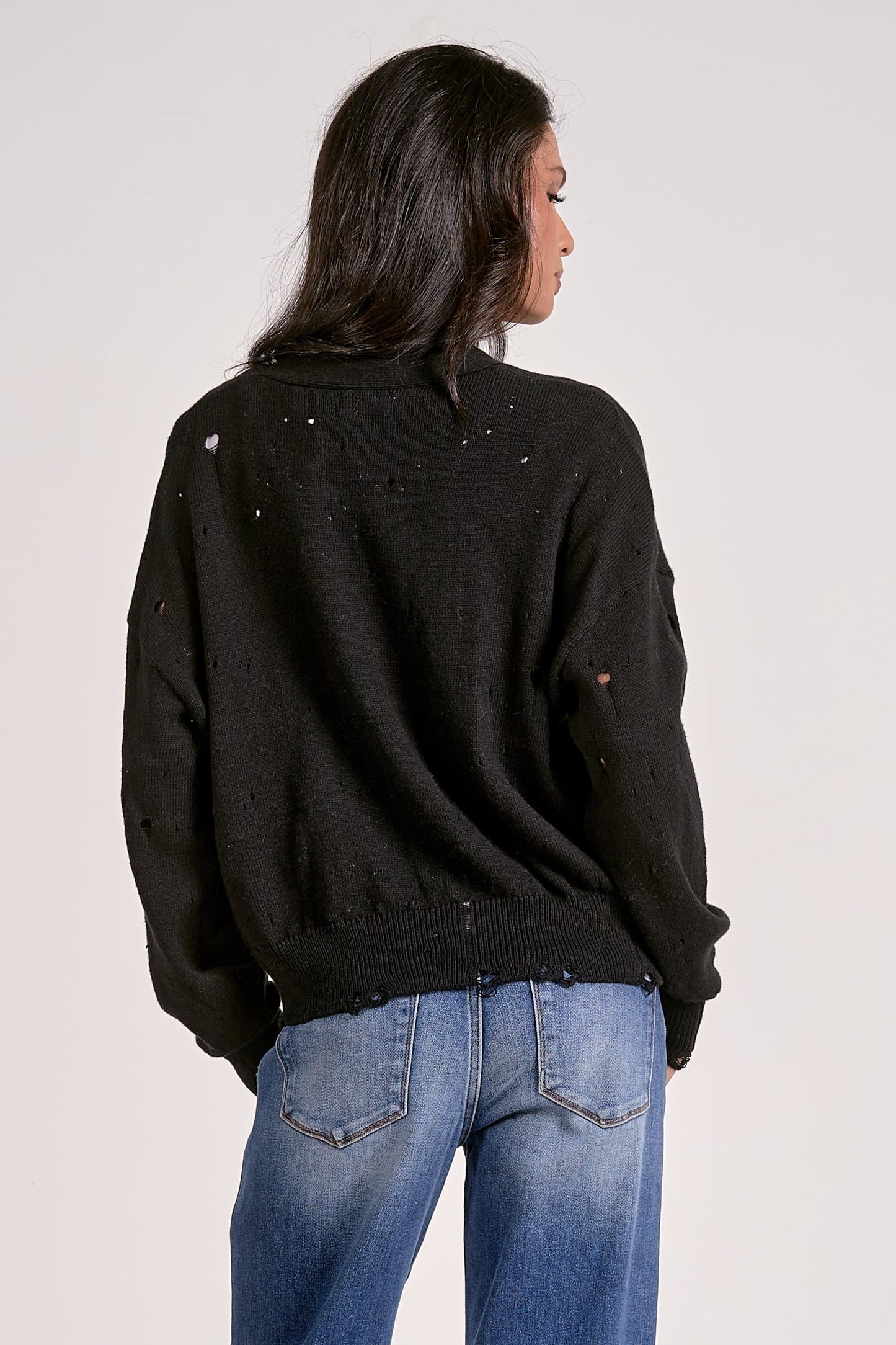 ELAN BLACK DISTRESSED SWEATER CARDIGAN