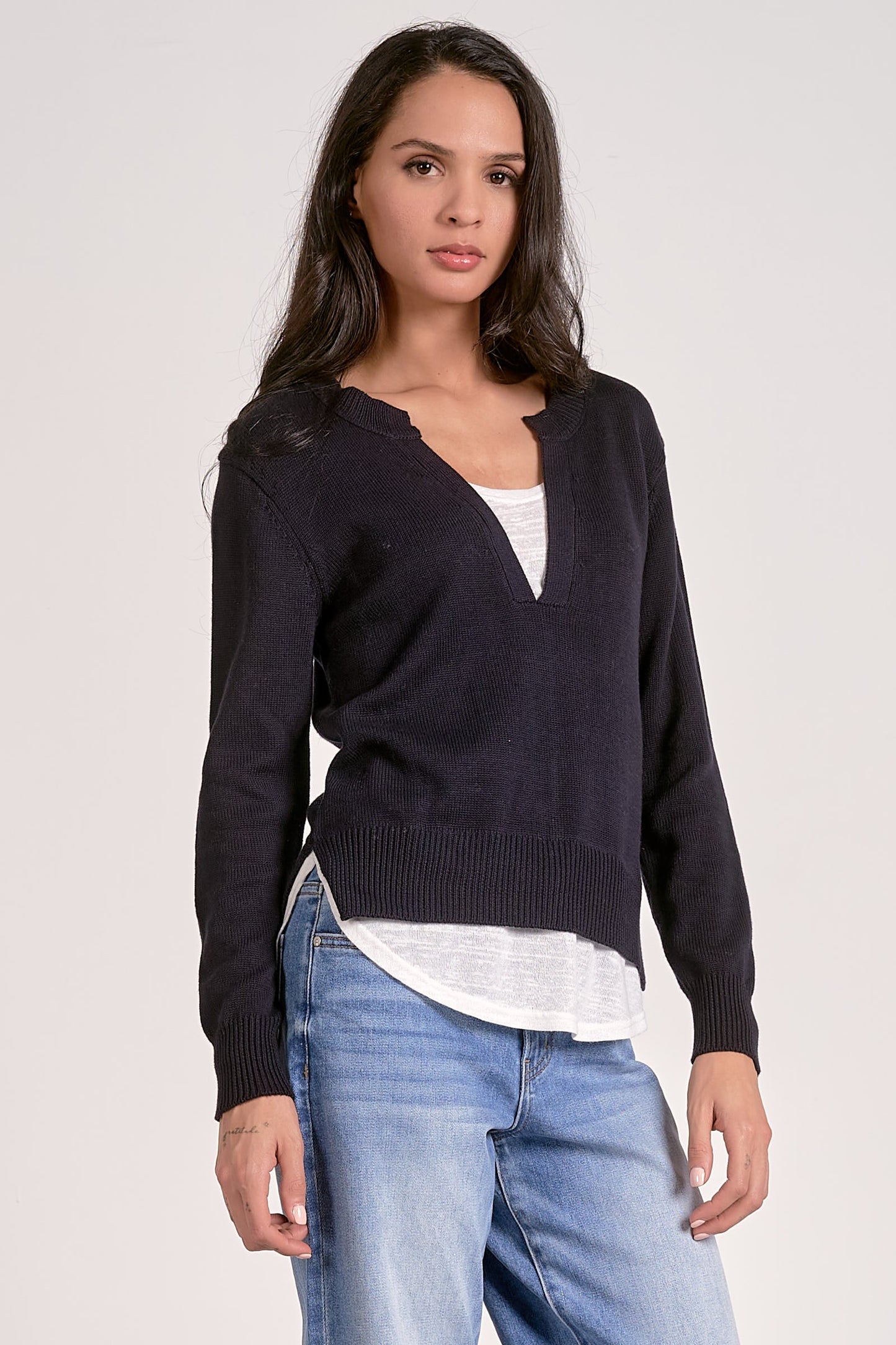 ELAN NAVY WHITE V NECK LAYERED SWEATER