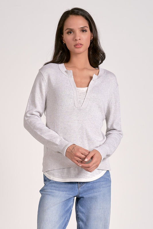 ELAN GREY WHITE V NECK LAYERED SWEATER