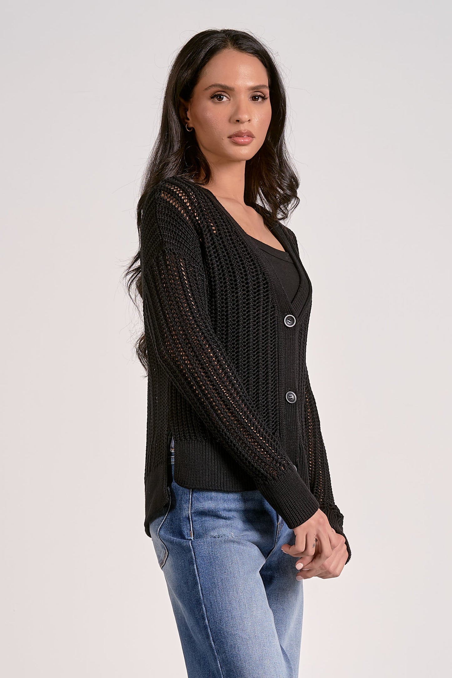 ELAN BLACK OPEN KNIT CARDIGAN