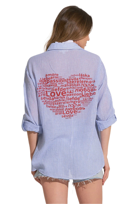 ELAN BLUE WHITE HEART LOVE BUTTON DOWN FINAL SALE