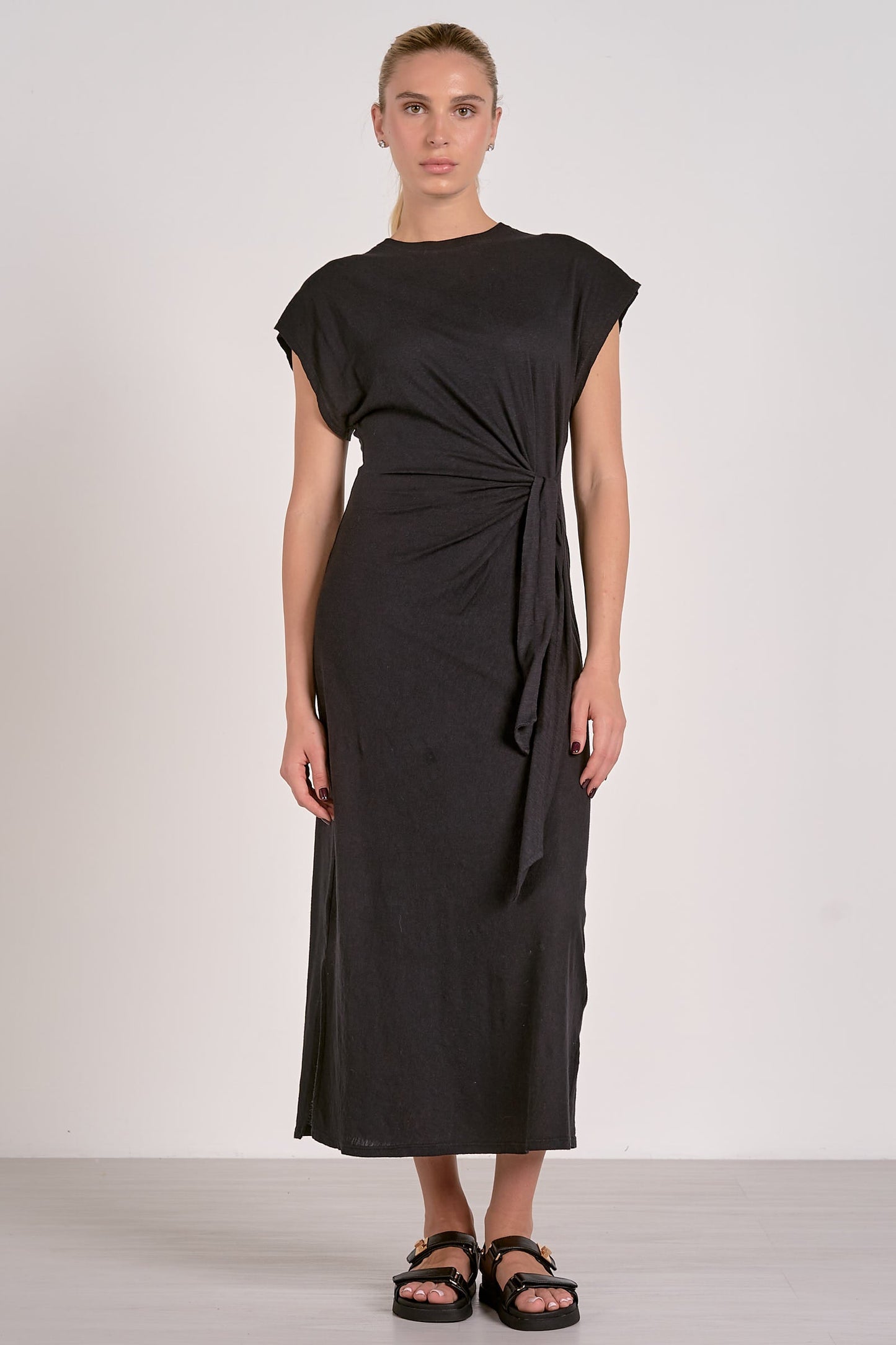 ELAN BLACK CAP SLEEVE MIDI MAXI DRESS SIDE TIE