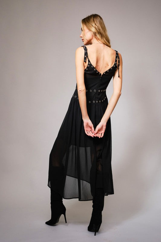 BLACK CHIFFON GROMMET TRIM DRESS