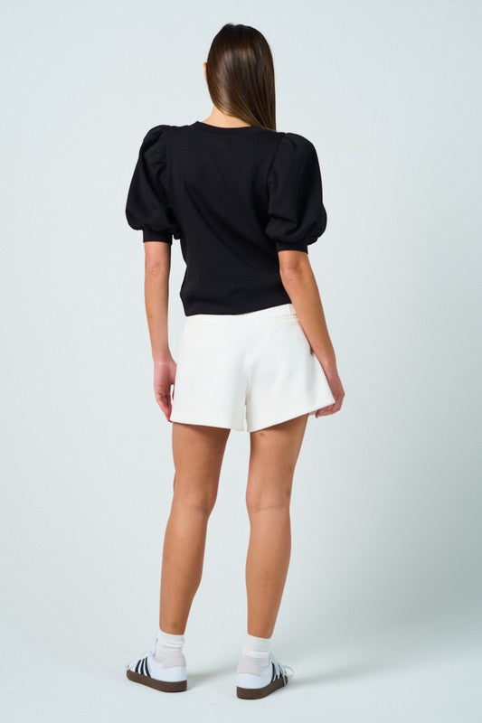BLACK PUFF SLEEVE KNIT TOP SHORT SLEEVE