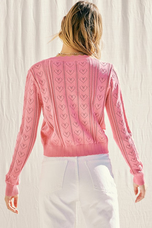 PINK KNIT POINTELLE HEART CARDIGAN