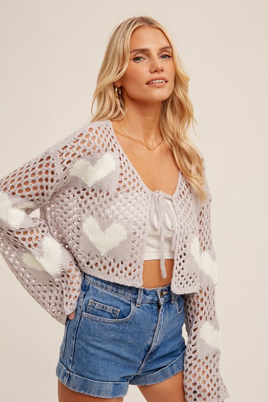 LAVENDER HEART PATTERN DROP SHOULDER OPEN KNIT CARDIGAN