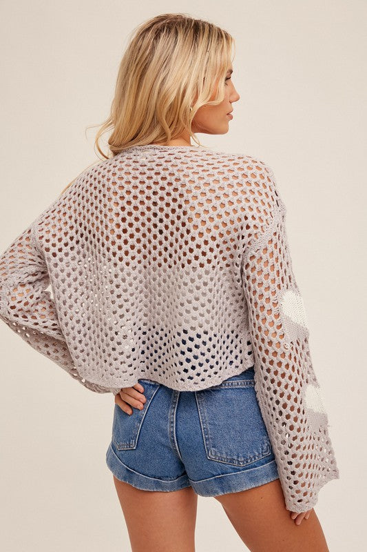 LAVENDER HEART PATTERN DROP SHOULDER OPEN KNIT CARDIGAN