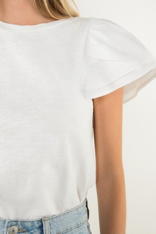 THML WHITE FLUTTER SLEEVE TOP
