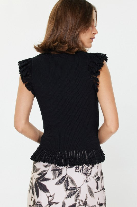 CURRENT AIR BLACK FLUTTER SLEEVE POINTELLE TOP