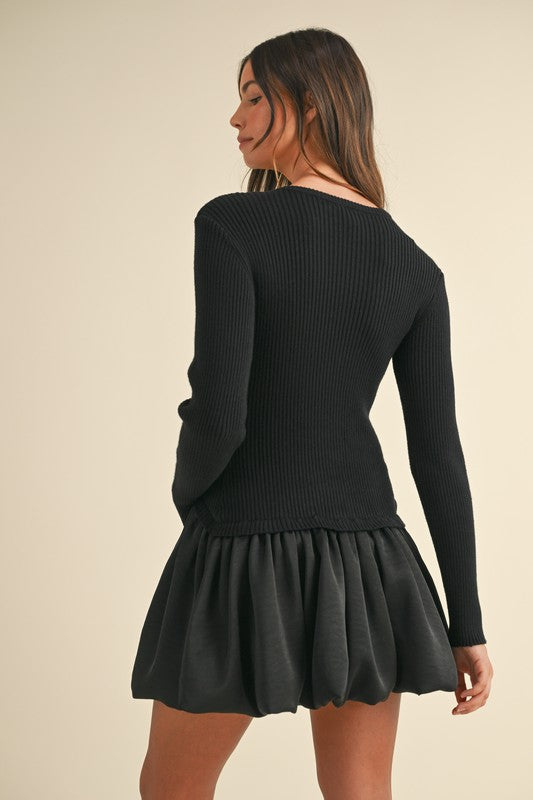 BLACK COMBO SWEATER MINI DRESS BUBBLE SKIRT