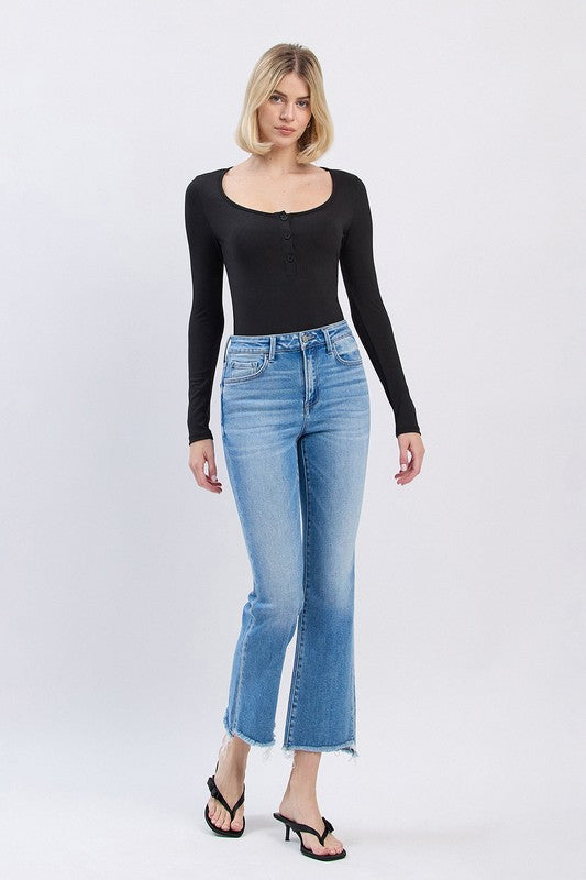 FLYING MONKEY HIGH RISE SLANT RAW HEM ANKLE FLARE JEAN CARRIE
