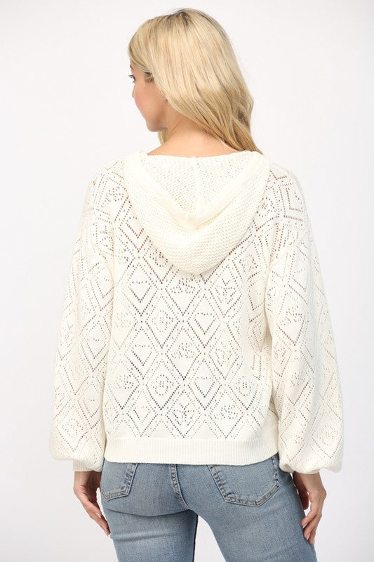FATE CREAM POINTELLE KNIT HOODED SWEATER