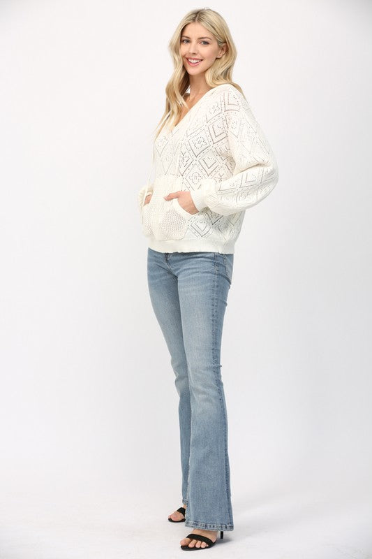 FATE CREAM POINTELLE KNIT HOODED SWEATER