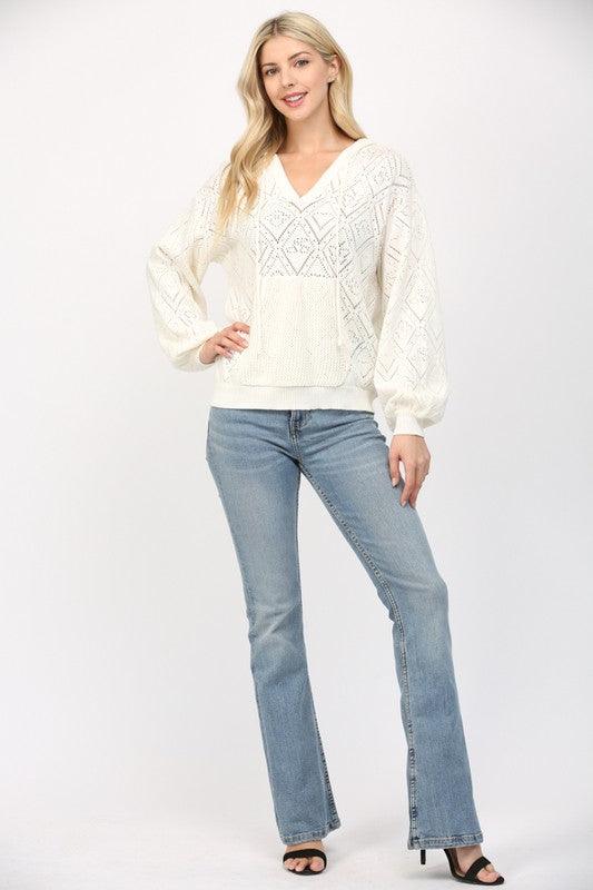 FATE CREAM POINTELLE KNIT HOODED SWEATER