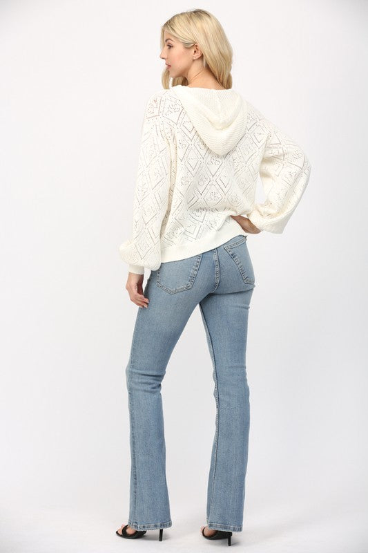 FATE CREAM POINTELLE KNIT HOODED SWEATER