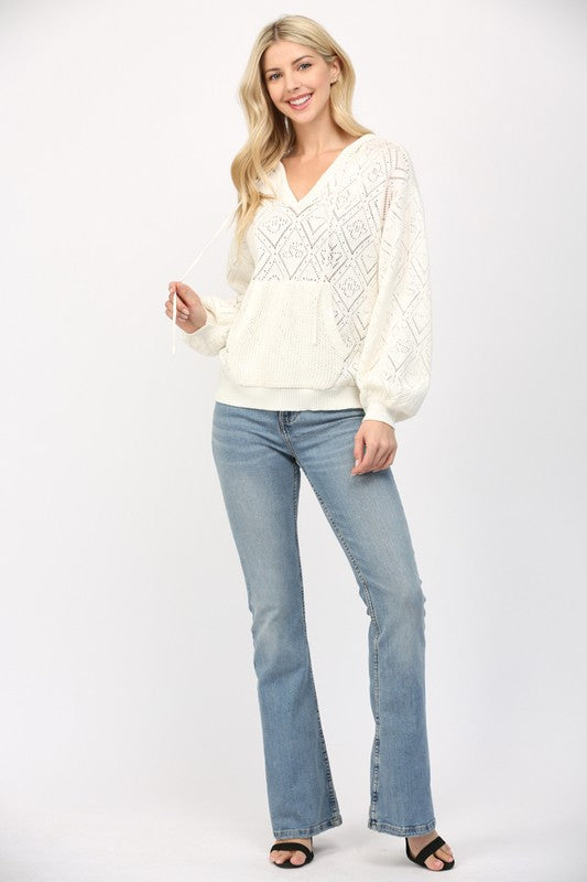 FATE CREAM POINTELLE KNIT HOODED SWEATER