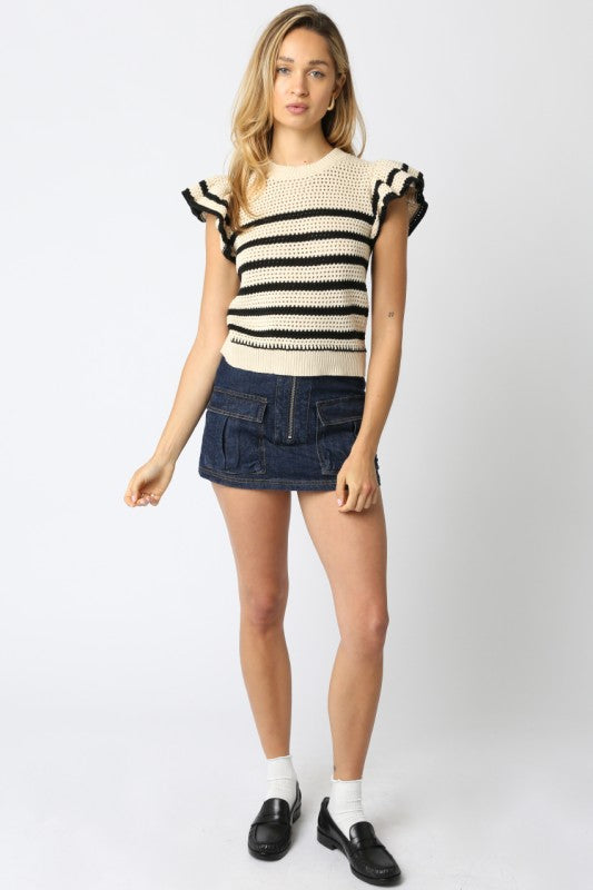 OLIVACEOUS NATURAL BLACK ABIGAIL RUFFLED SHORT SLEEVE SWEATER