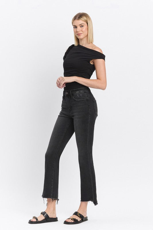 VERVET HIGH RISE RAW STEP HEM CROP FLARE JEANS RAVEN