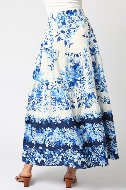 OLIVACEOUS FIONA BLUE WHITE FLORAL MAXI SKIRT