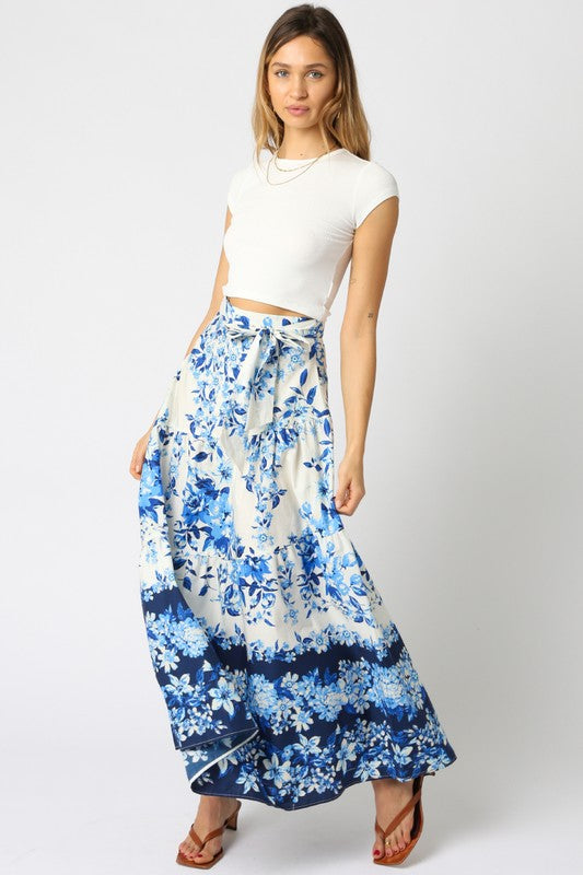 OLIVACEOUS FIONA BLUE WHITE FLORAL MAXI SKIRT