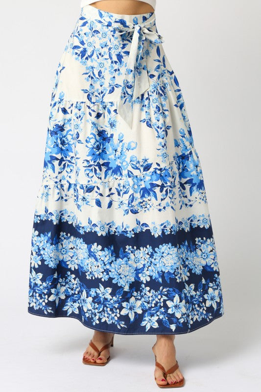 OLIVACEOUS FIONA BLUE WHITE FLORAL MAXI SKIRT
