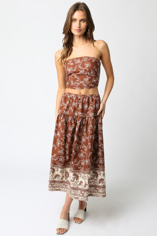 OLIVACEOUS BELLA BROWN CREAM MIDI SKIRT FINAL SALE