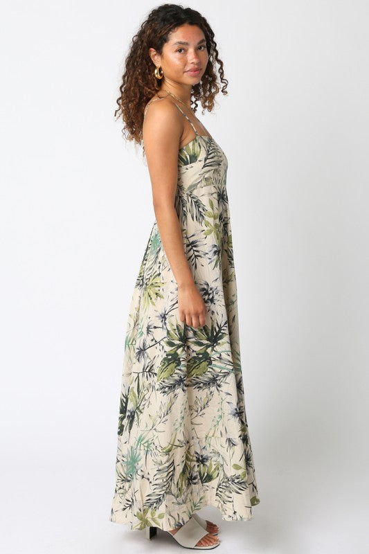 BEIGE OLIVE TROPICAL MIX DRESS JOSIE
