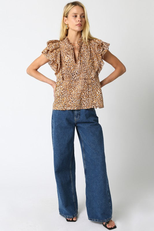 OLIVACEOUS NADIA LEOPARD RUFFLE SHIRT
