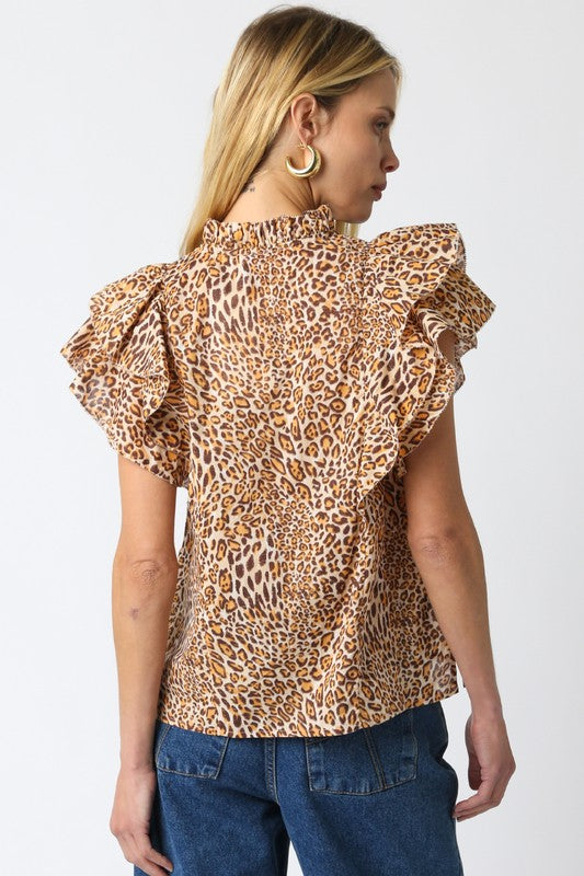 OLIVACEOUS NADIA LEOPARD RUFFLE SHIRT