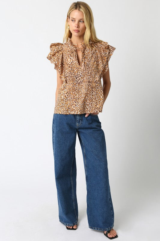 OLIVACEOUS NADIA LEOPARD RUFFLE SHIRT