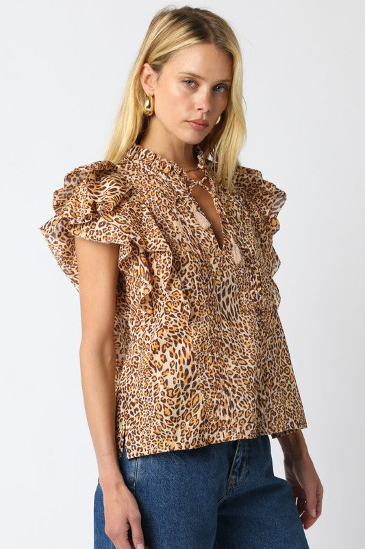 OLIVACEOUS NADIA LEOPARD RUFFLE SHIRT