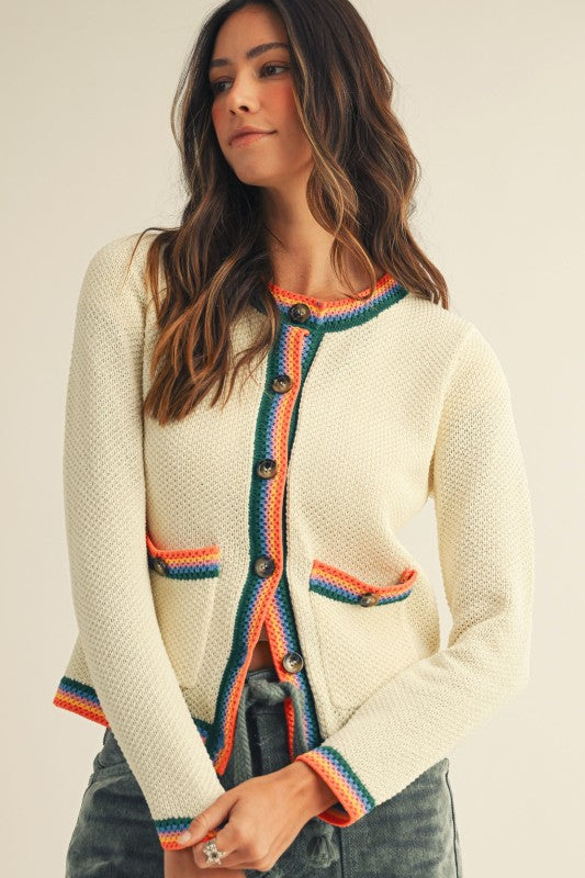IVORY RAINBOW TRIM SWEATER CARDIGAN