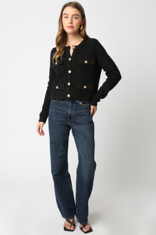 OLIVACEOUS BLACK MAGGIE KNIT BUTTON CARDI SWEATER