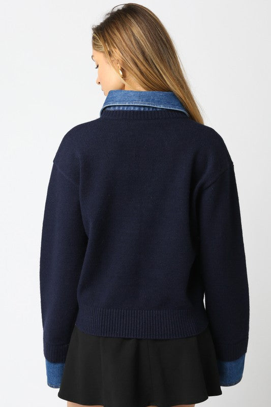 OLIVACEOUS NAVY DENIM KNIT CONTRAST TOP TABITHA
