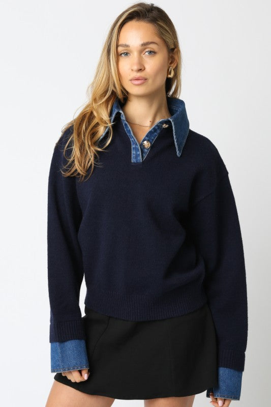 OLIVACEOUS NAVY DENIM KNIT CONTRAST TOP TABITHA