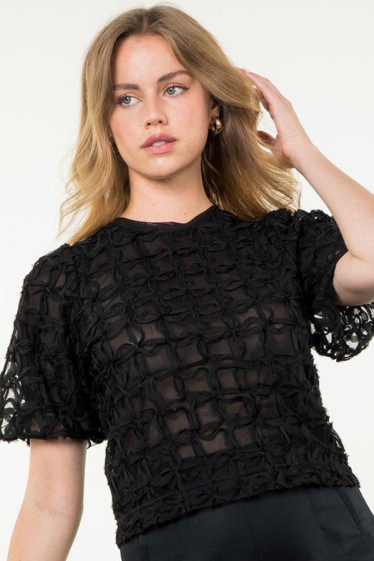 THML BLACK PUFF SLEEVE TEXTURED TOP TIE BACK
